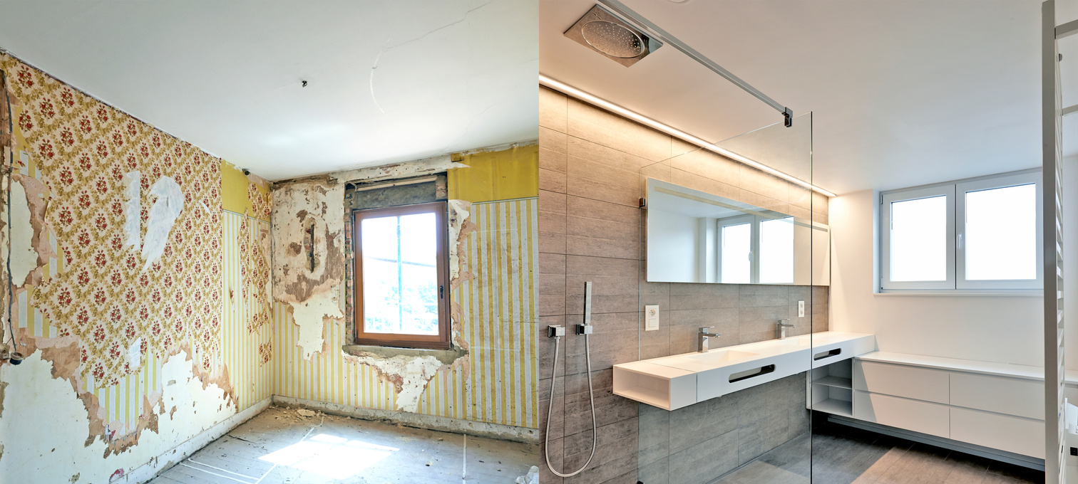 before and after photos of a bathroom remodel