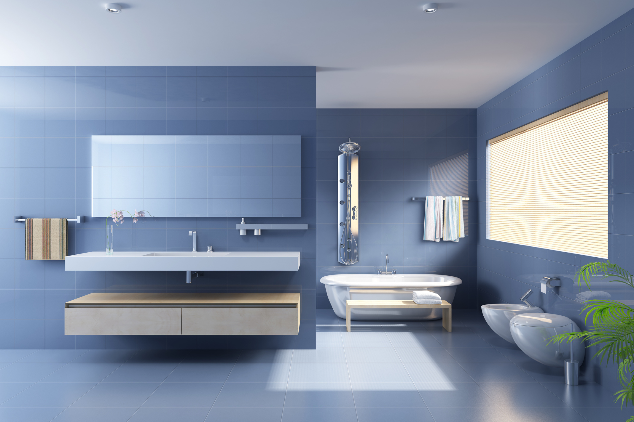 Blue bathroom with modern upgrades